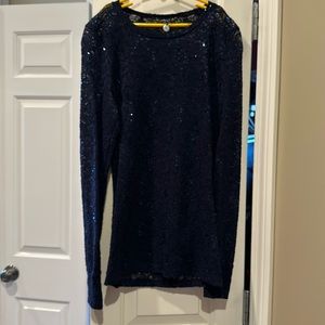 Navy blue sheer lace sequence buckle top size medium
